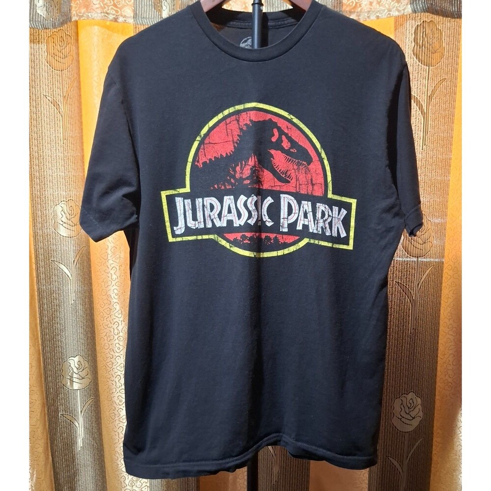 Jurassic Park Mens Shirt Large Black Classic Distressed T-Rex Logo Mad Engine